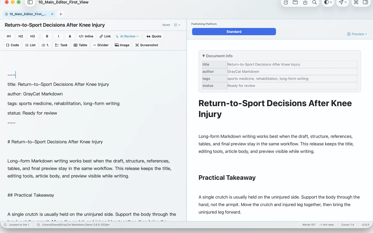 GrayCat Markdown editor with a Markdown document on the left and a live rendered preview on the right.