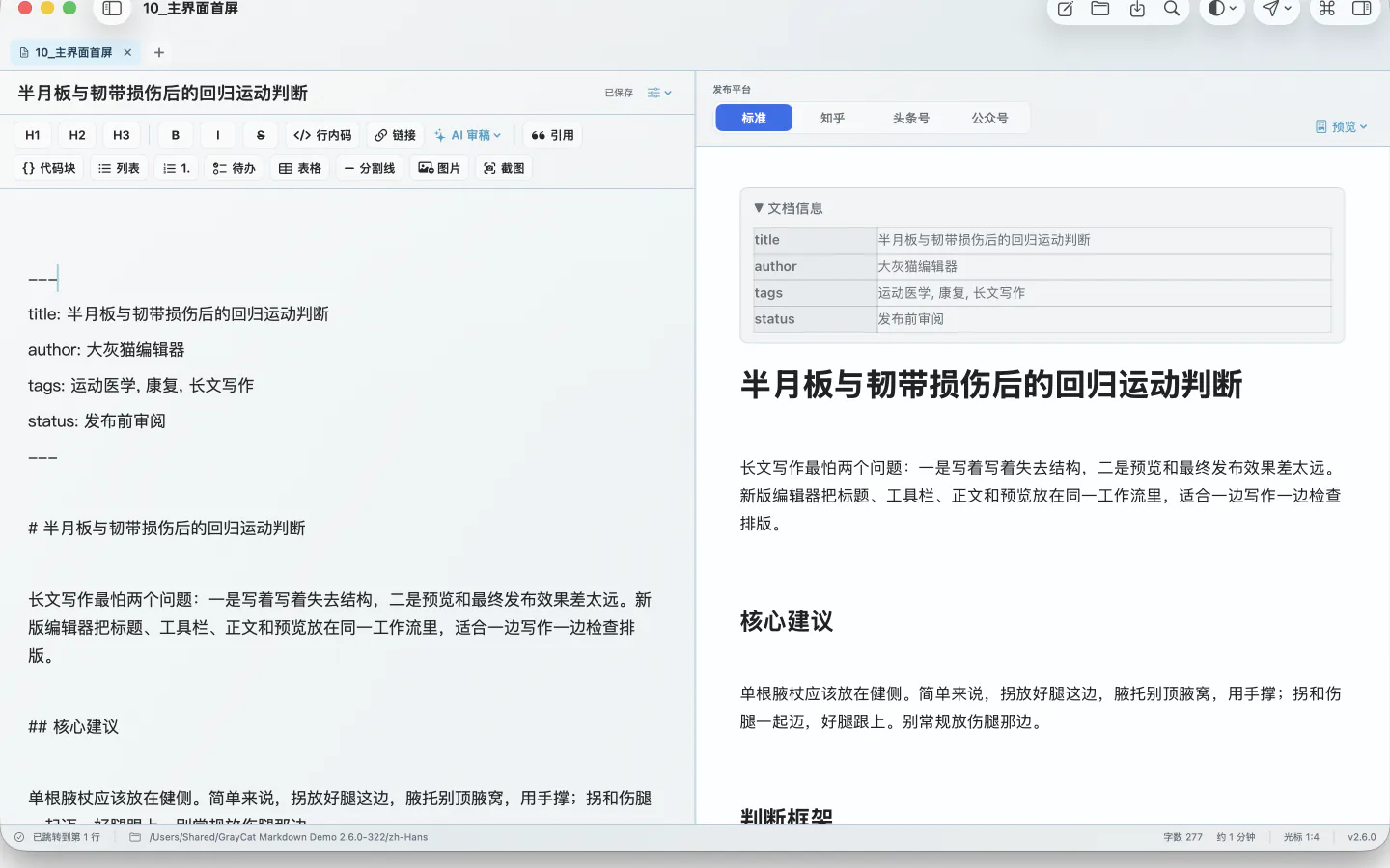 GrayCat Markdown 编辑器，左侧编辑 Markdown 文稿，右侧实时显示渲染预览。