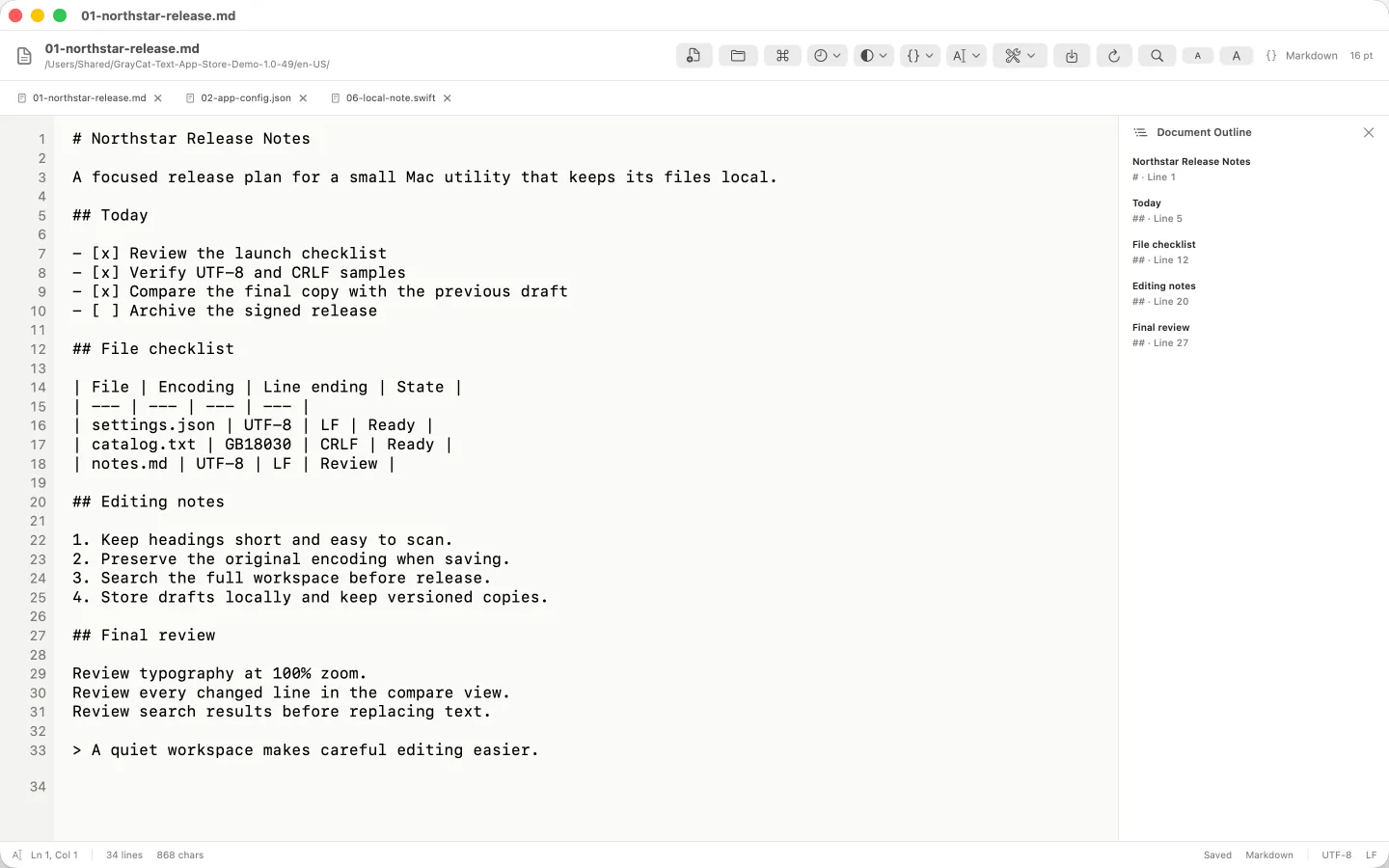 GrayCat Text workspace with multiple tabs, a document outline, and a plain-text editor.